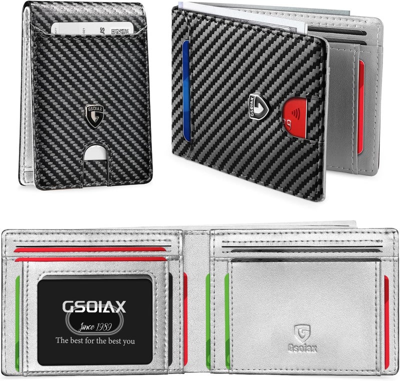 GSOIAX Slim Wallet for Men RFID Blocking Bifold Wallet Carbon Fiber Front Pocket Wallet with 11 Card Holder Minimalist Mens Wallet with Gift Box(Carbon Fiber and Sliver) - Image 1